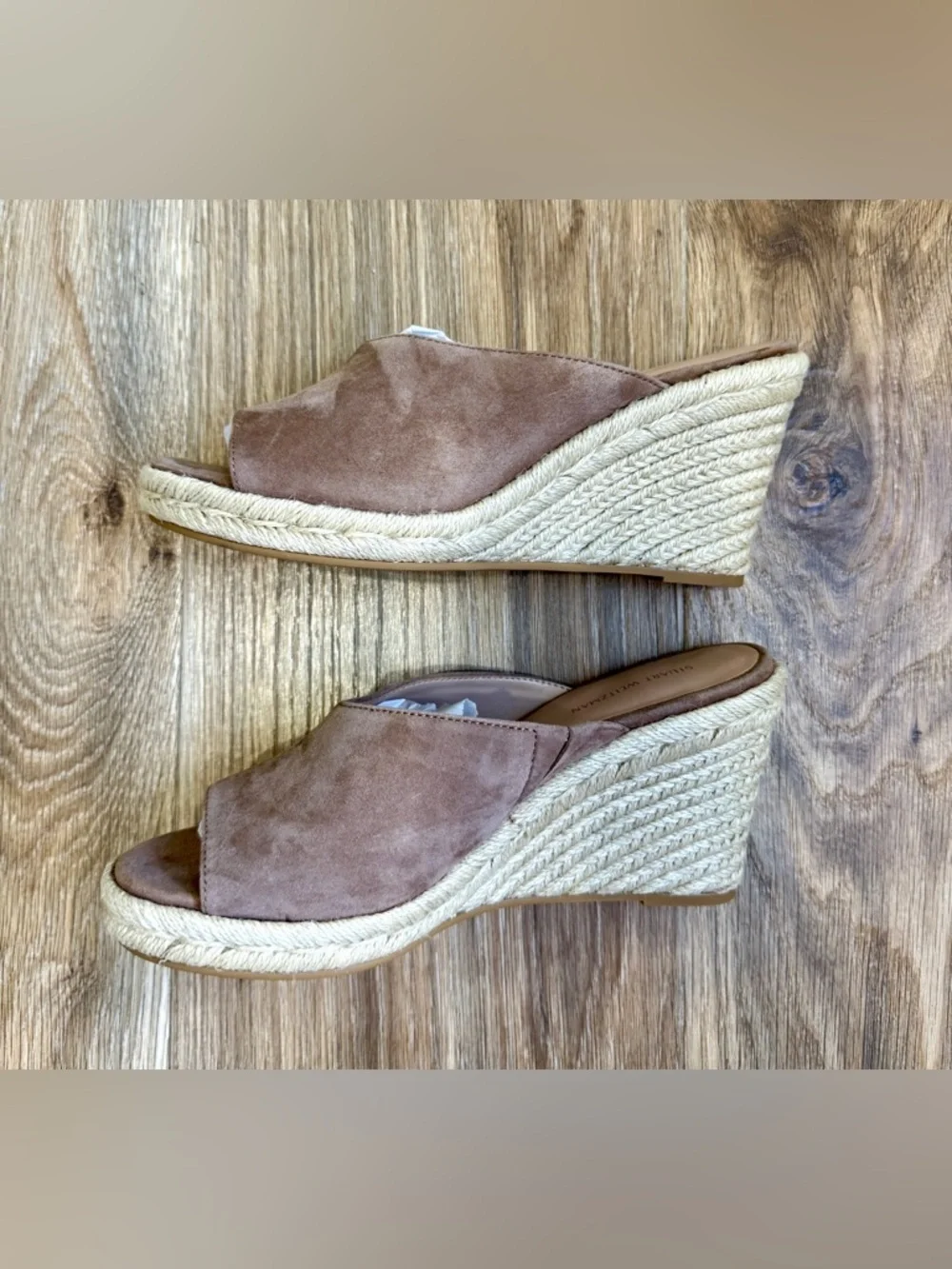 Stuart Weitzman Suede Espadrille Wedge Slides Neutral Tan Size 7.5